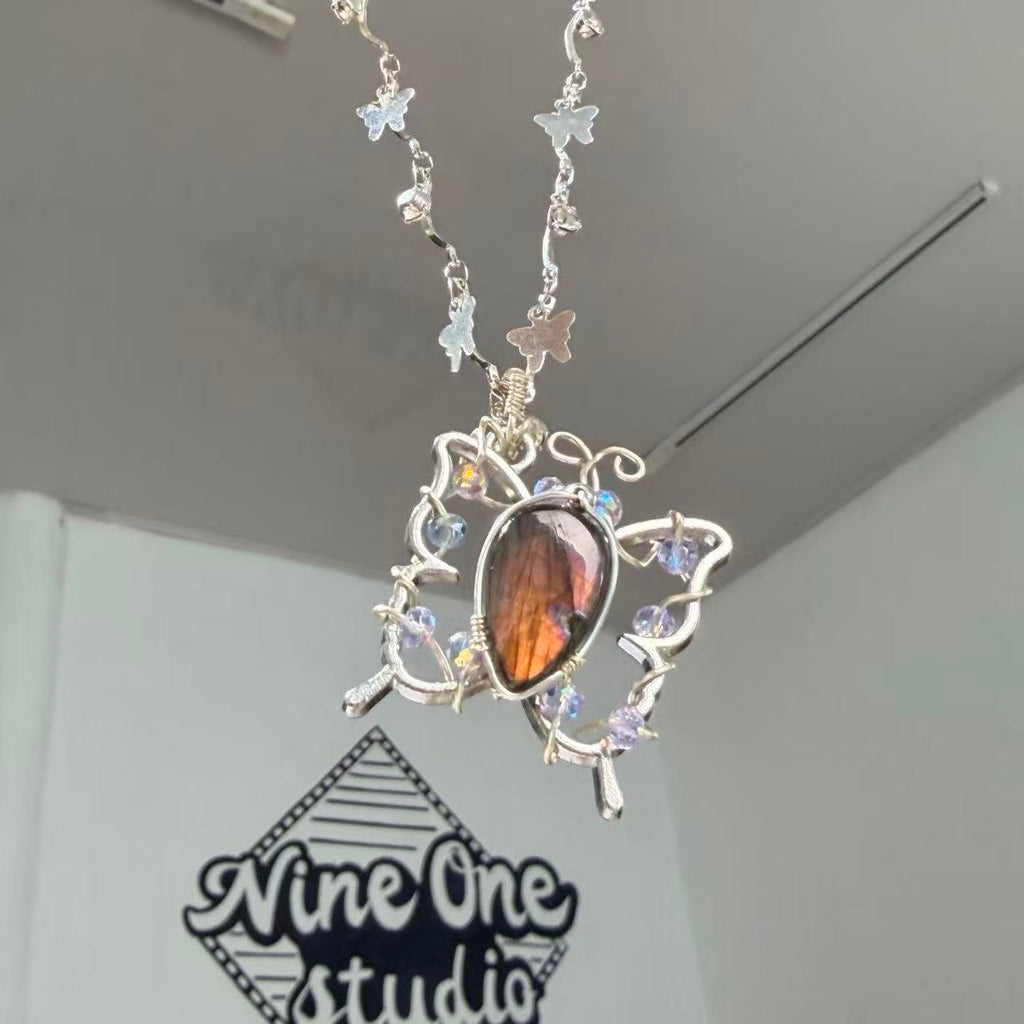 Orange-Red Labradorite Small Butterfly Necklace • Only One Available