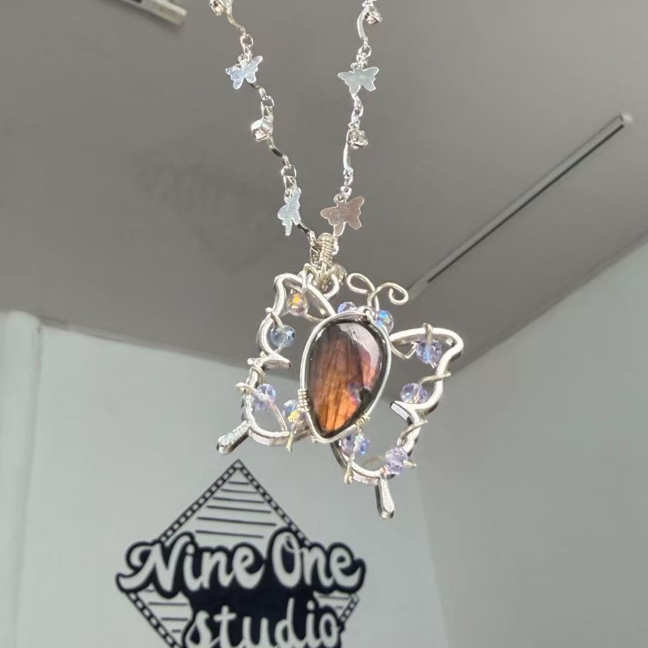 Orange-Red Labradorite Small Butterfly Necklace • Only One Available