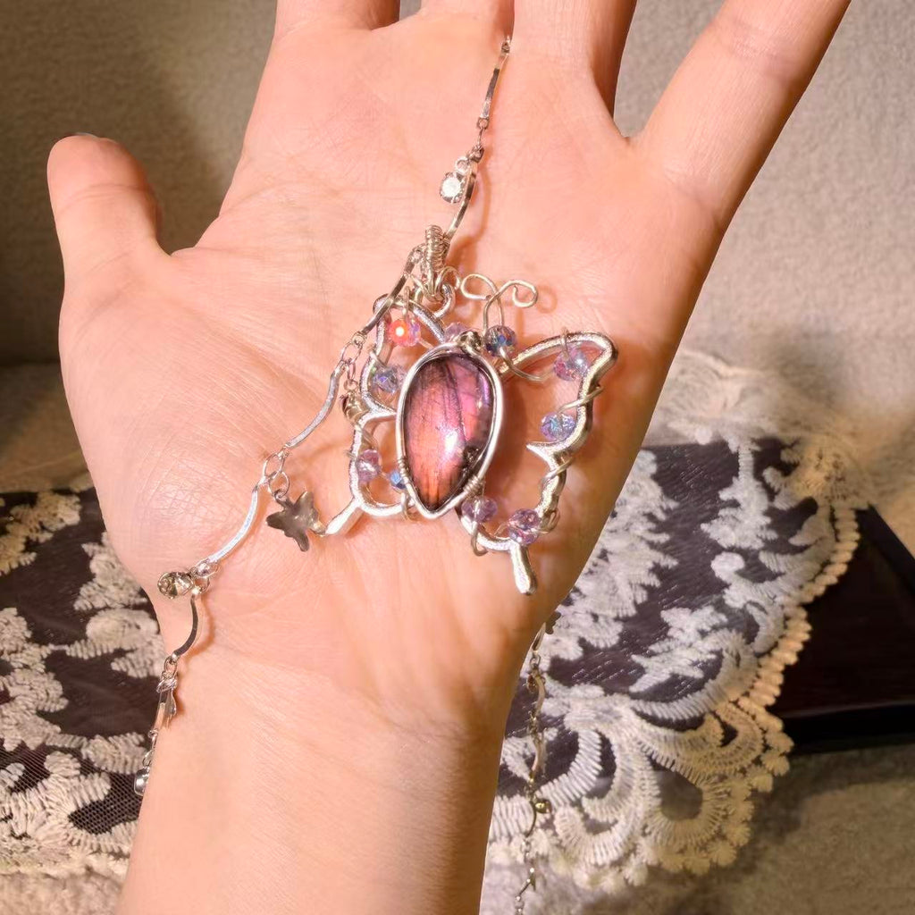 Orange-Red Labradorite Small Butterfly Necklace • Only One Available