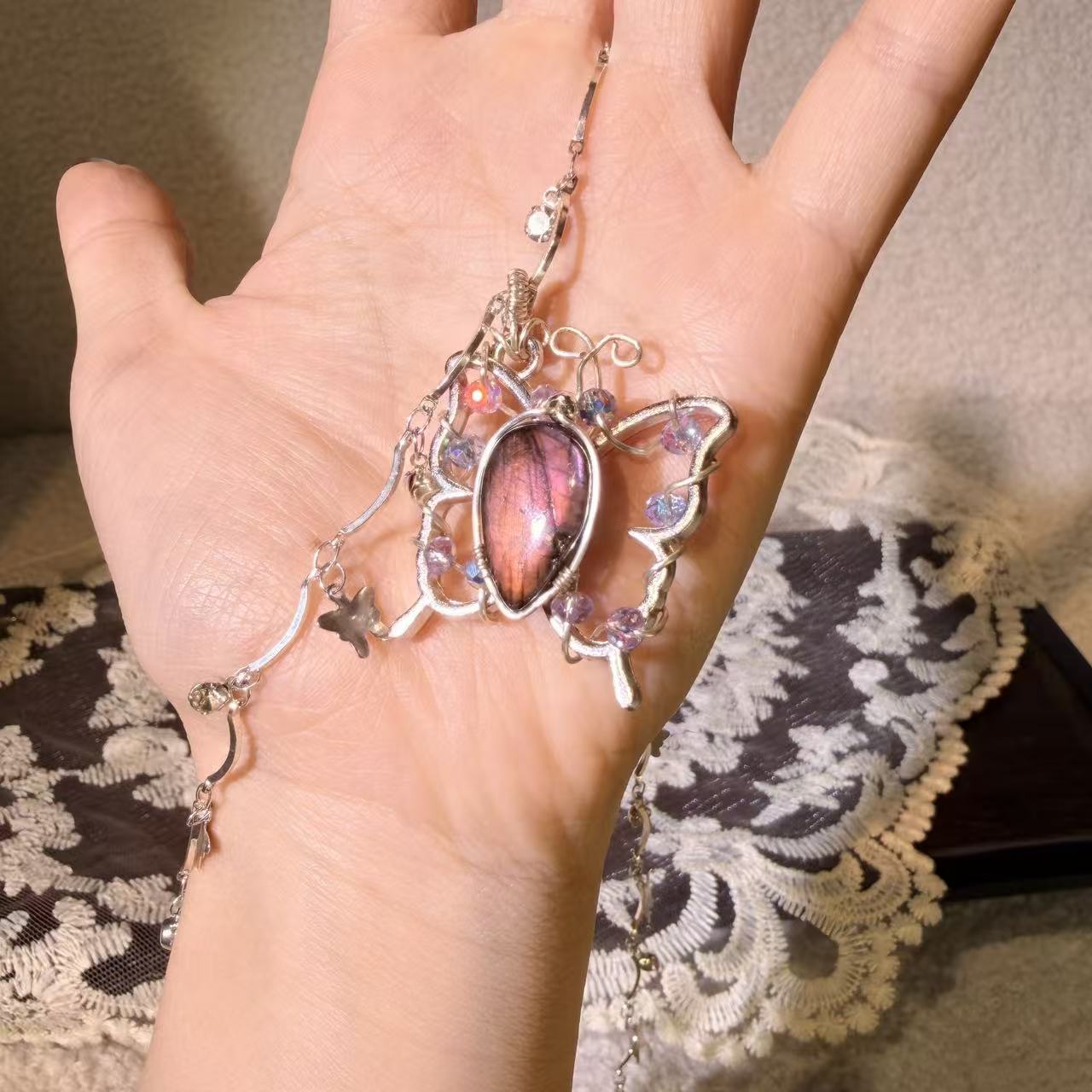 Orange-Red Labradorite Small Butterfly Necklace • Only One Available