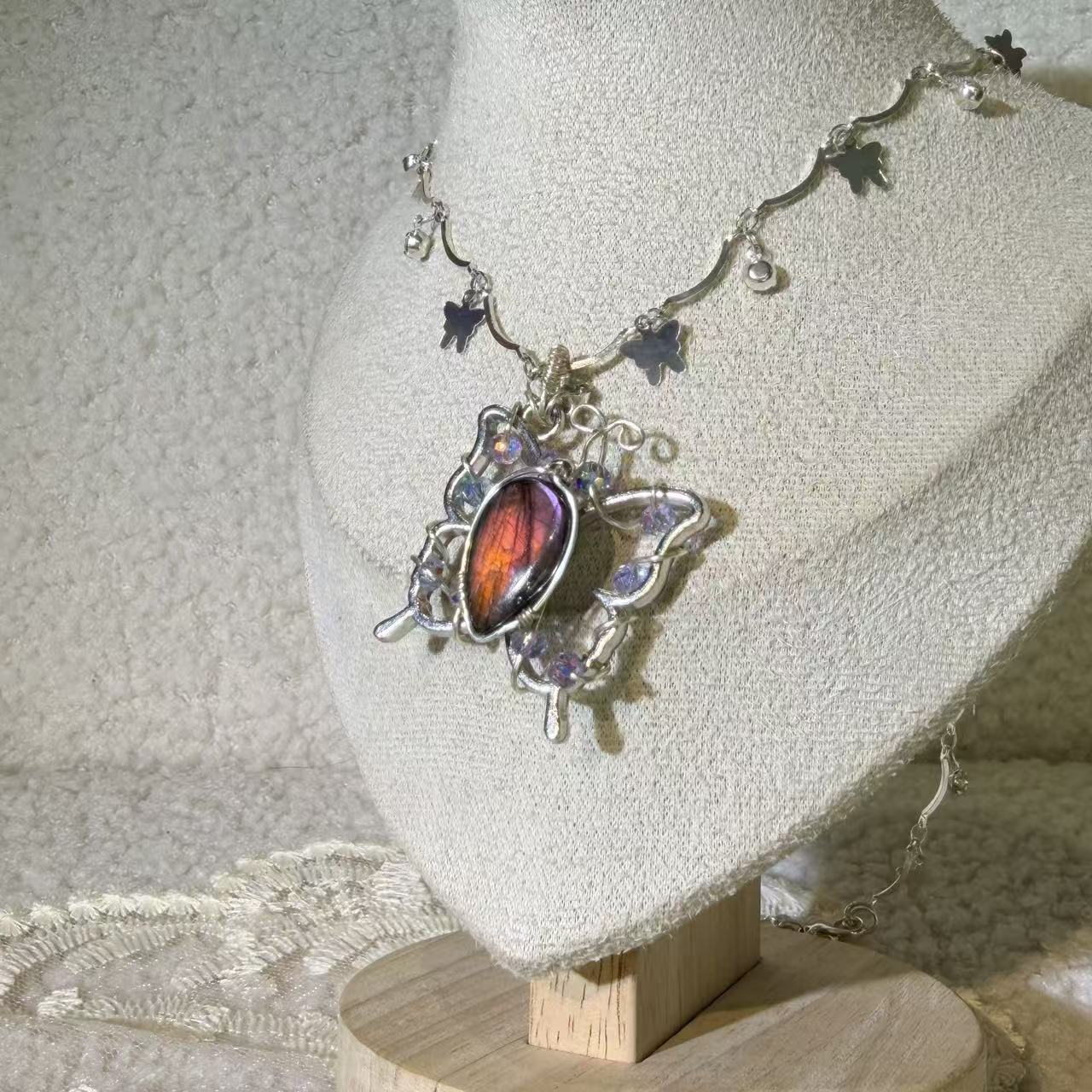Orange-Red Labradorite Small Butterfly Necklace • Only One Available