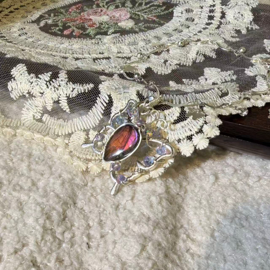 Orange-Red Labradorite Small Butterfly Necklace • Only One Available