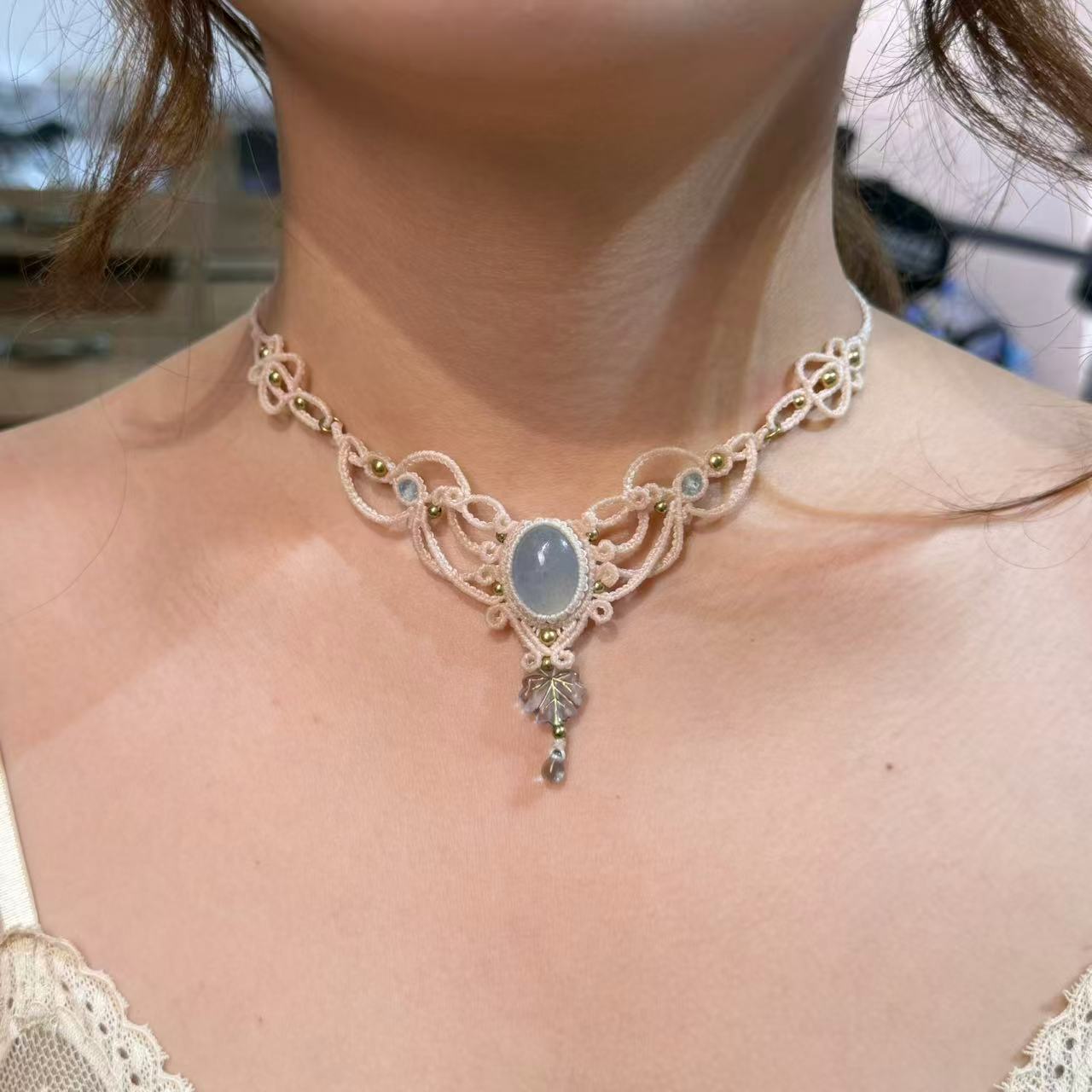 Aquamarine Braided Rope Necklace, Only One Piece Available