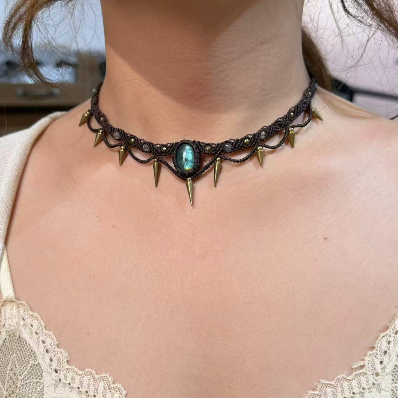 Labradorite Necklace with Rivet Design, Only One Piece Left
